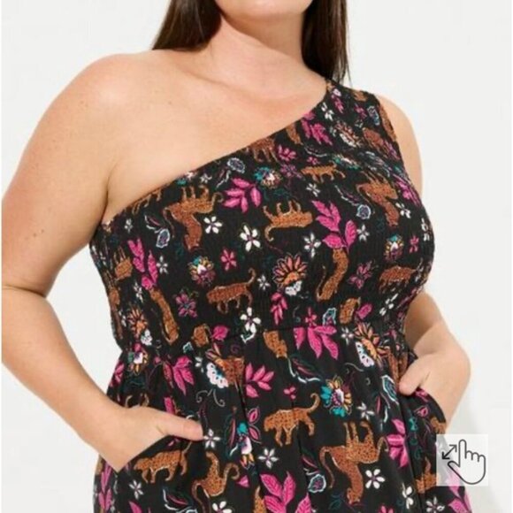 Torrid Midi Challis One-Shoulder Dress  Leopard Leaves Deep Black.   Make Offer! - Picture 4 of 4